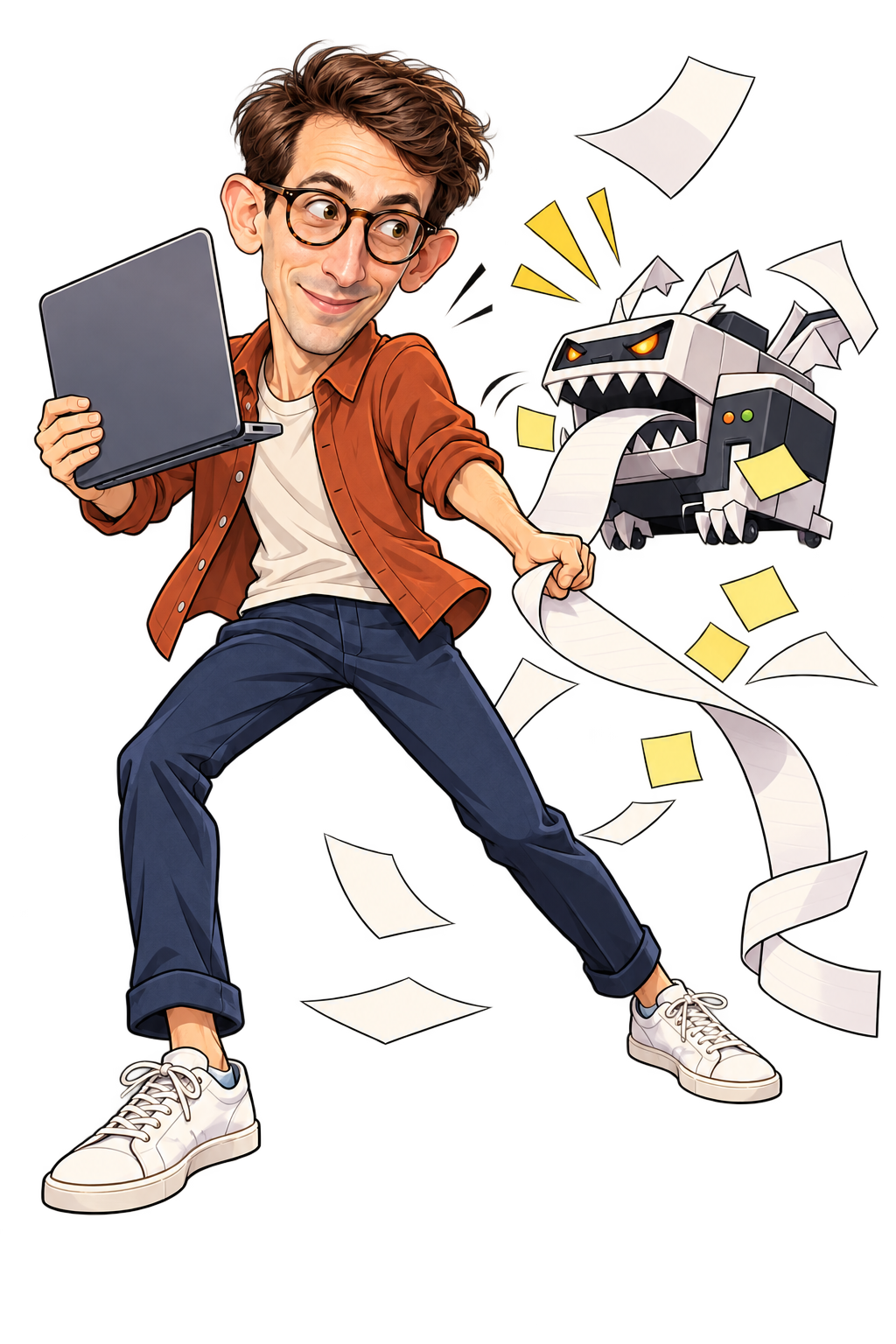 Caricatura Anime originale: Un informatico duella con una stampante-drago usando il laptop come scudo.