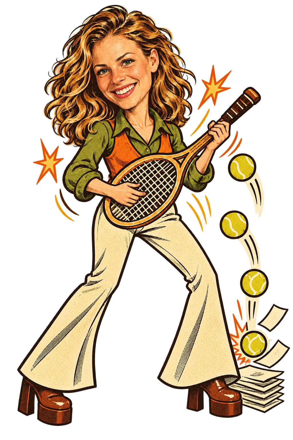 Caricatura Disco ’70: Una tennista suona la racchetta come una chitarra mentre le palline colpiscono la tesi.
