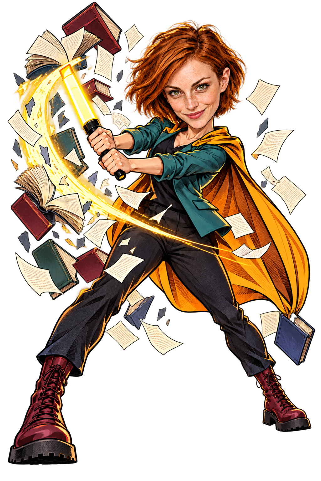 Caricatura Supereroe originale: Una valanga di esami viene affrontata con un evidenziatore trasformato in lama energetica.